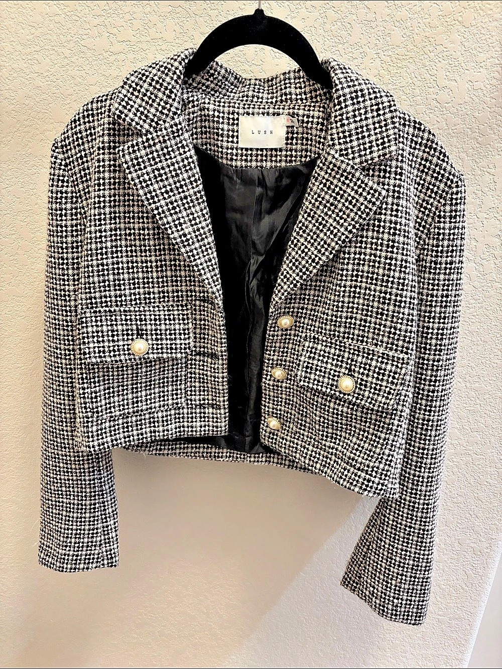 Lush Black and White Tweed Cropped Blazer with Pearl Buttons Black & White Tweed